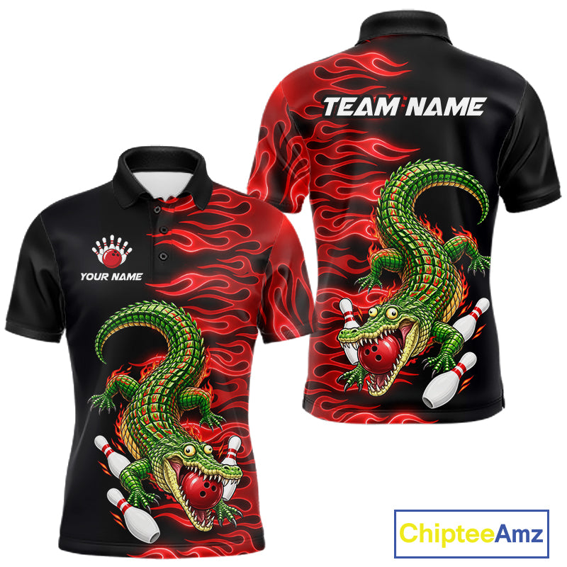 Custom Funny Alligator Fire Flame Bowling Shirt For Men Personalized Red Flame Bowling Team Jersey NYN4551