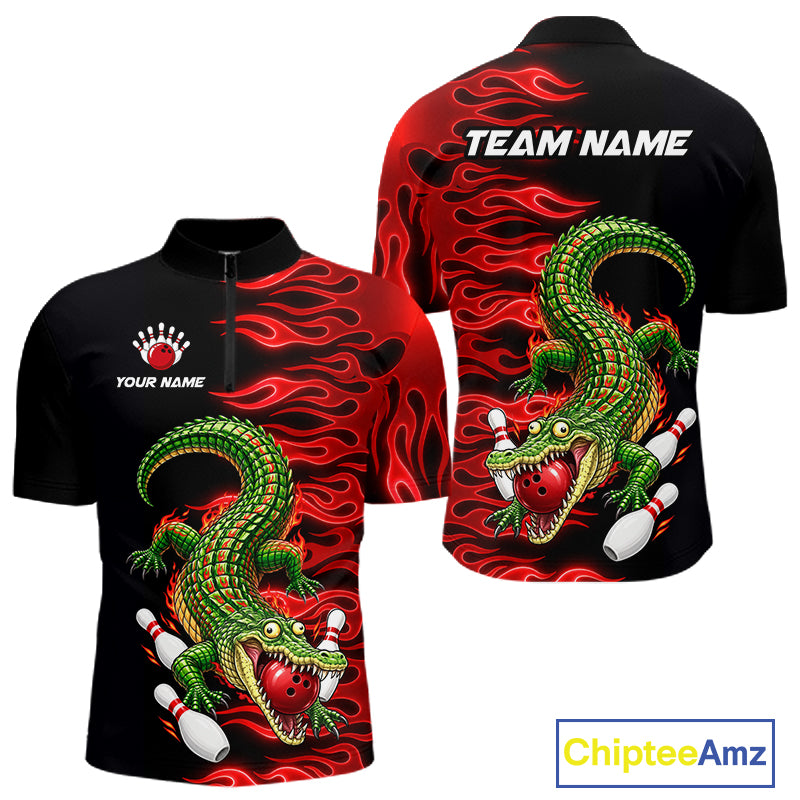 Custom Funny Alligator Fire Flame Bowling Shirt For Men Personalized Red Flame Bowling Team Jersey NYN4551