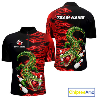 Custom Funny Alligator Fire Flame Bowling Shirt For Men Personalized Red Flame Bowling Team Jersey NYN4551
