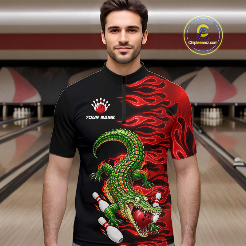 Custom Funny Alligator Fire Flame Bowling Shirt For Men Personalized Red Flame Bowling Team Jersey NYN4551