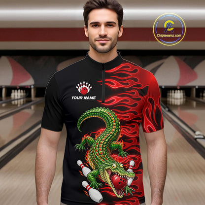 Custom Funny Alligator Fire Flame Bowling Shirt For Men Personalized Red Flame Bowling Team Jersey NYN4551