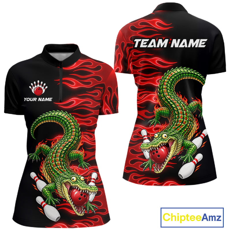 Custom Funny Alligator Fire Flame Bowling Shirt For Women Personalized Red Flame Bowling Team Jersey NYN4551