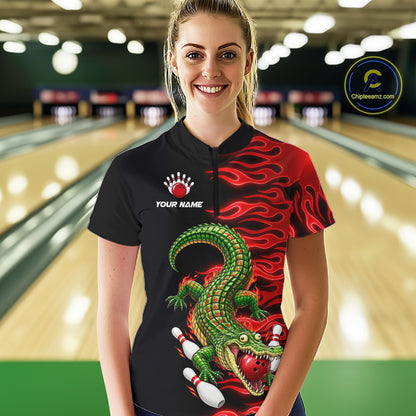 Custom Funny Alligator Fire Flame Bowling Shirt For Women Personalized Red Flame Bowling Team Jersey NYN4551
