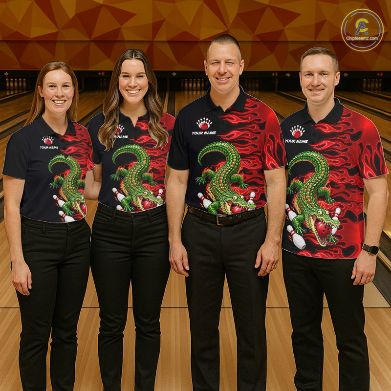 Custom Funny Alligator Fire Flame Bowling Shirt For Women Personalized Red Flame Bowling Team Jersey NYN4551