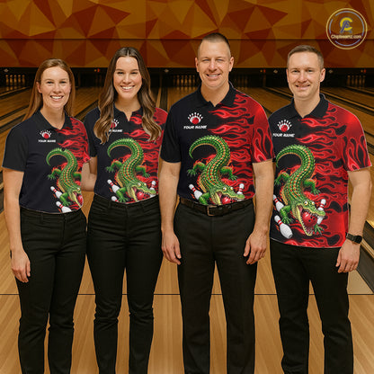 Custom Funny Alligator Fire Flame Bowling Shirt For Women Personalized Red Flame Bowling Team Jersey NYN4551