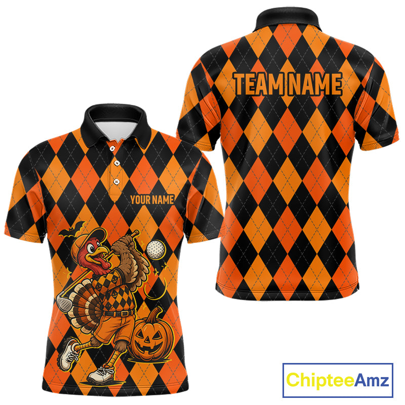 Funny Mens Golf Polo Shirts Custom Orange And Black Argyle Plaid Turkey Skull Golf Attire For Men NYN4919