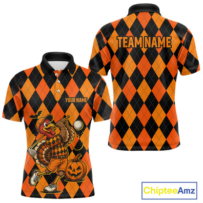 Funny Mens Golf Polo Shirts Custom Orange And Black Argyle Plaid Turkey Skull Golf Attire For Men NYN4919