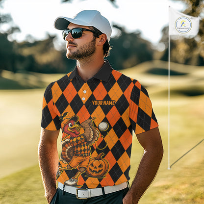 Funny Mens Golf Polo Shirts Custom Orange And Black Argyle Plaid Turkey Skull Golf Attire For Men NYN4919