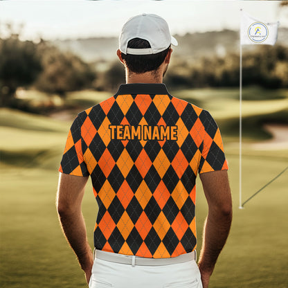 Funny Mens Golf Polo Shirts Custom Orange And Black Argyle Plaid Turkey Skull Golf Attire For Men NYN4919