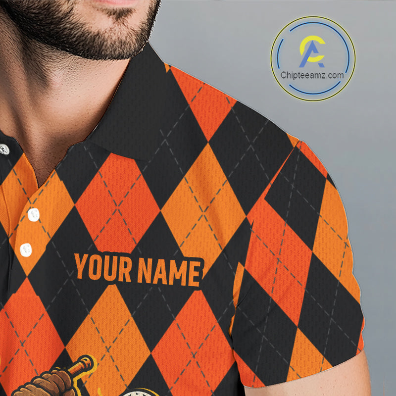 Funny Mens Golf Polo Shirts Custom Orange And Black Argyle Plaid Turkey Skull Golf Attire For Men NYN4919