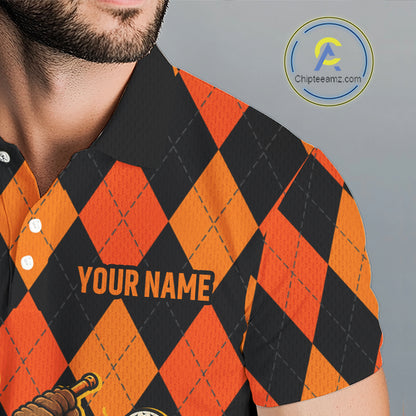 Funny Mens Golf Polo Shirts Custom Orange And Black Argyle Plaid Turkey Skull Golf Attire For Men NYN4919