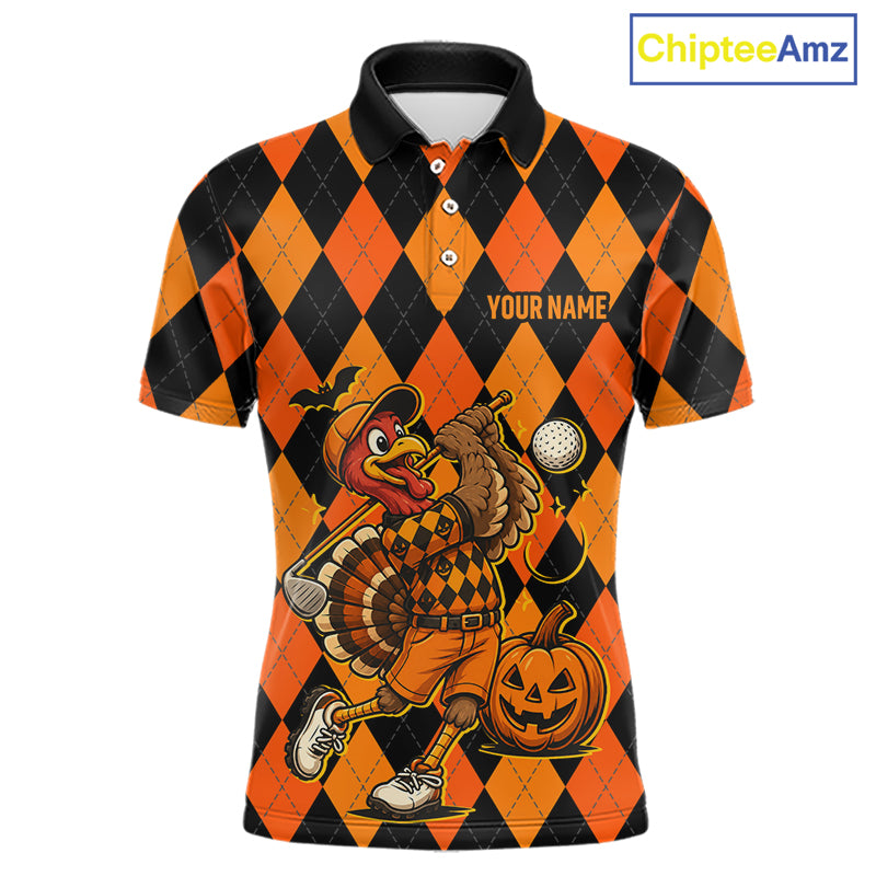 Funny Mens Golf Polo Shirts Custom Orange And Black Argyle Plaid Turkey Skull Golf Attire For Men NYN4919