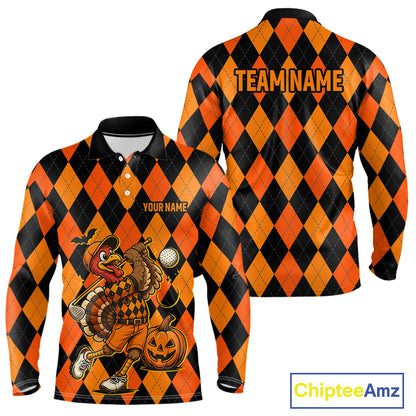 Funny Mens Golf Polo Shirts Custom Orange And Black Argyle Plaid Turkey Skull Golf Attire For Men NYN4919