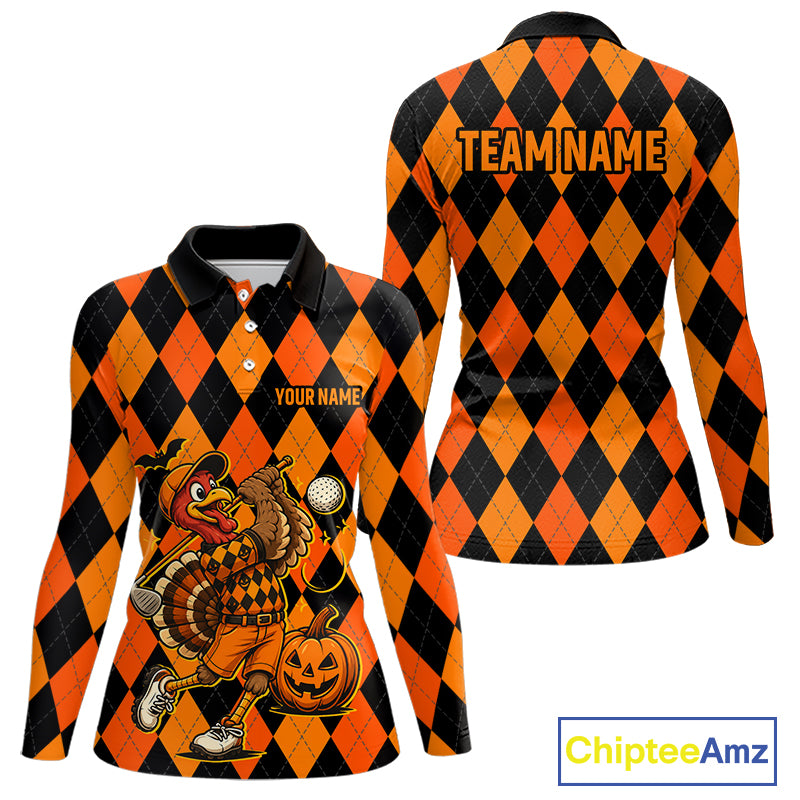 Funny Women Golf Polo Shirts Custom Orange And Black Argyle Plaid Turkey Skull Golf Attire For Men NYN4919