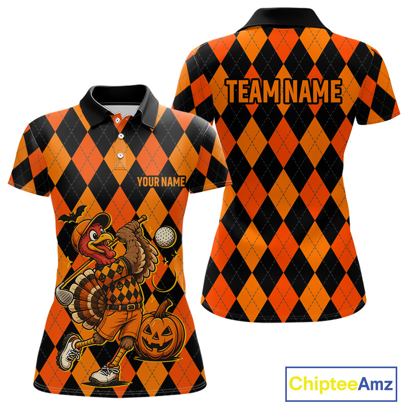 Funny Women Golf Polo Shirts Custom Orange And Black Argyle Plaid Turkey Skull Golf Attire For Men NYN4919