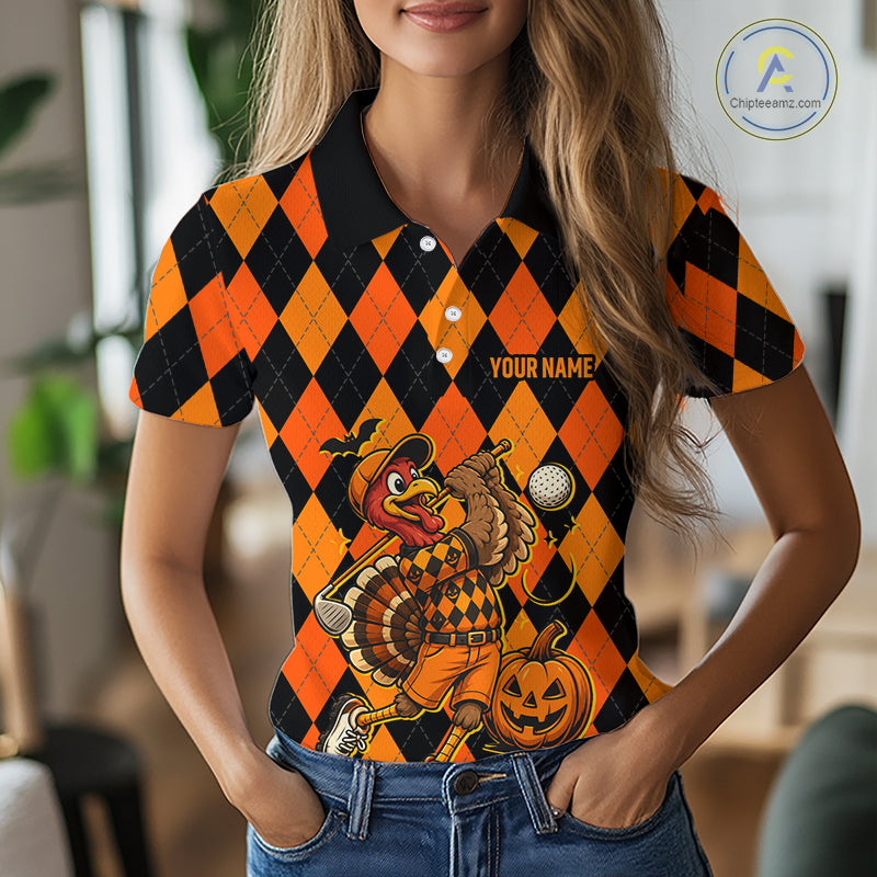Funny Women Golf Polo Shirts Custom Orange And Black Argyle Plaid Turkey Skull Golf Attire For Men NYN4919
