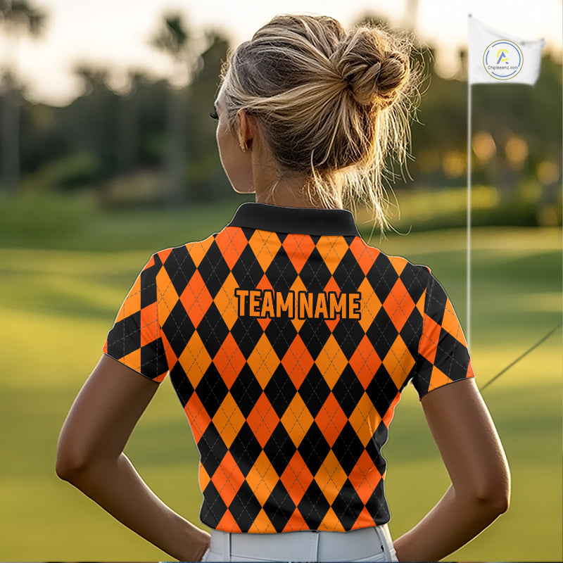 Funny Women Golf Polo Shirts Custom Orange And Black Argyle Plaid Turkey Skull Golf Attire For Men NYN4919