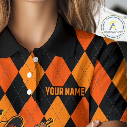 Funny Women Golf Polo Shirts Custom Orange And Black Argyle Plaid Turkey Skull Golf Attire For Men NYN4919