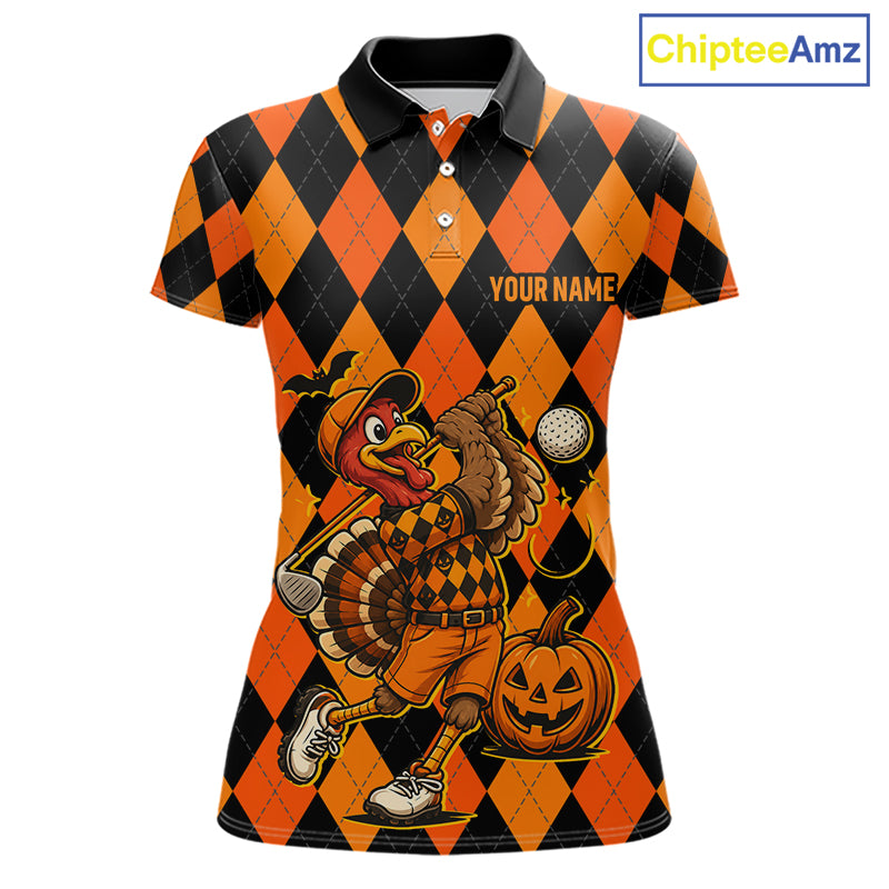Funny Women Golf Polo Shirts Custom Orange And Black Argyle Plaid Turkey Skull Golf Attire For Men NYN4919