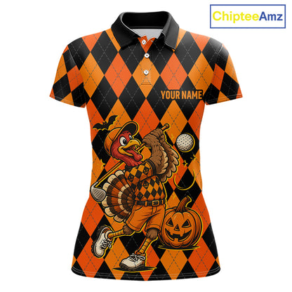 Funny Women Golf Polo Shirts Custom Orange And Black Argyle Plaid Turkey Skull Golf Attire For Men NYN4919