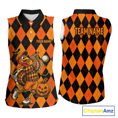 Funny Women Golf Sleeveless Polo Shirts Custom Orange And Black Argyle Plaid Turkey Skull Golf Attire For Men NYN4919