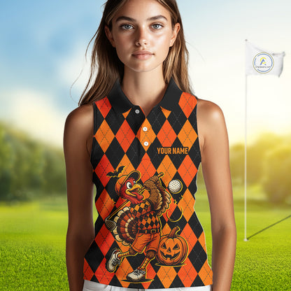 Funny Women Golf Sleeveless Polo Shirts Custom Orange And Black Argyle Plaid Turkey Skull Golf Attire For Men NYN4919