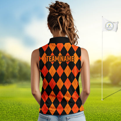 Funny Women Golf Sleeveless Polo Shirts Custom Orange And Black Argyle Plaid Turkey Skull Golf Attire For Men NYN4919