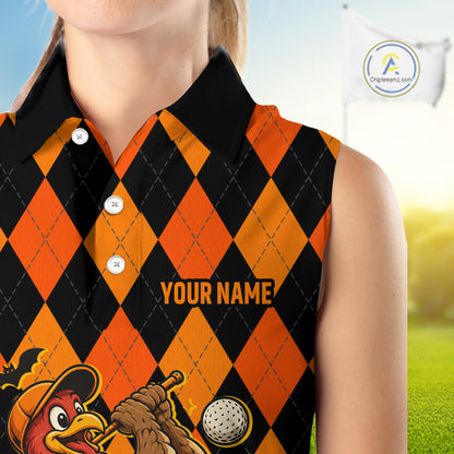 Funny Women Golf Sleeveless Polo Shirts Custom Orange And Black Argyle Plaid Turkey Skull Golf Attire For Men NYN4919