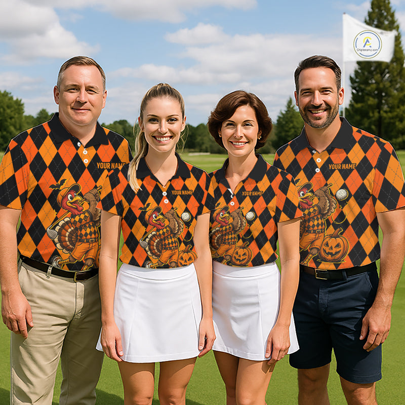 Funny Mens Golf Polo Shirts Custom Orange And Black Argyle Plaid Turkey Skull Golf Attire For Men NYN4919