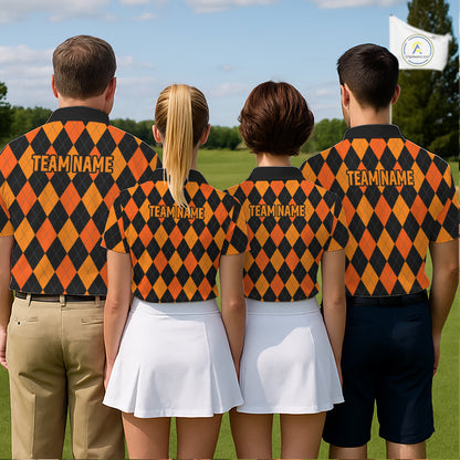 Funny Mens Golf Polo Shirts Custom Orange And Black Argyle Plaid Turkey Skull Golf Attire For Men NYN4919