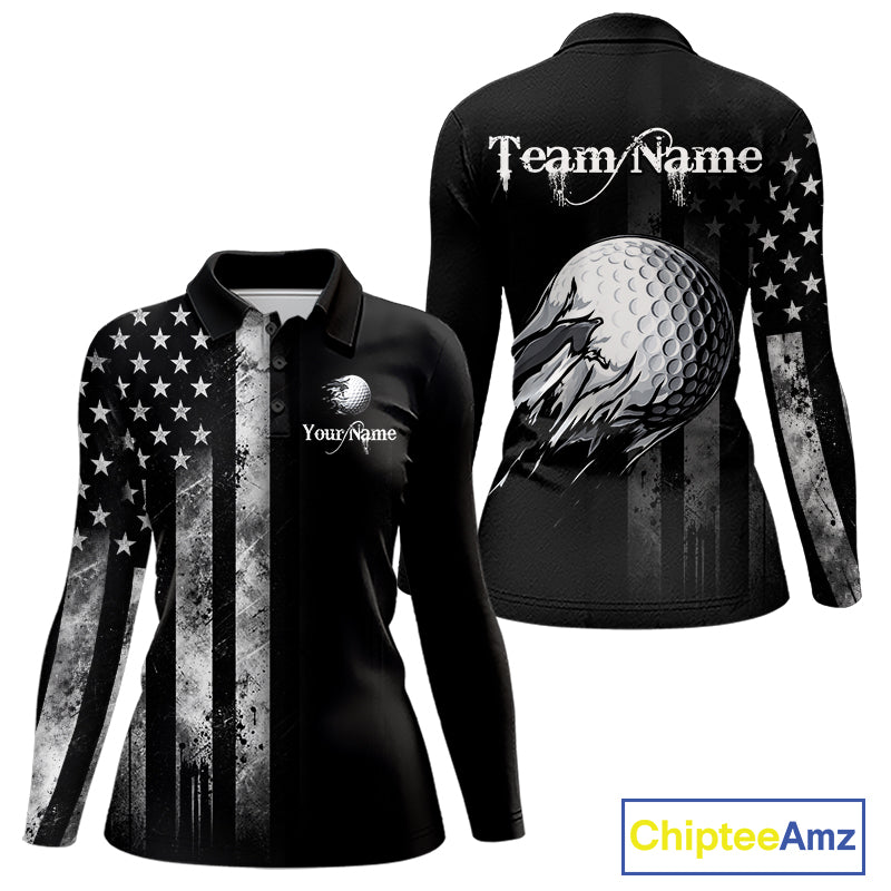Black Vintage US Flag Golf Jersey For Women Custom Name Golf Polo Shirt Patriotic Golf Apparel NYN4927