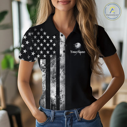 Black Vintage US Flag Golf Jersey For Women Custom Name Golf Polo Shirt Patriotic Golf Apparel NYN4927