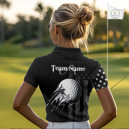 Black Vintage US Flag Golf Jersey For Women Custom Name Golf Polo Shirt Patriotic Golf Apparel NYN4927
