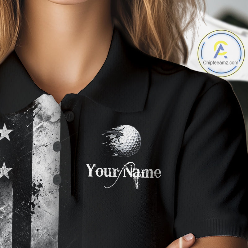 Black Vintage US Flag Golf Jersey For Women Custom Name Golf Polo Shirt Patriotic Golf Apparel NYN4927