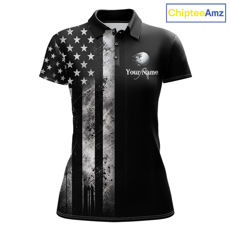 Black Vintage US Flag Golf Jersey For Women Custom Name Golf Polo Shirt Patriotic Golf Apparel NYN4927