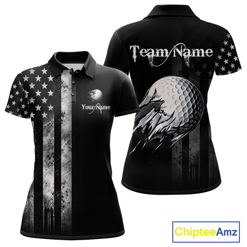 Black Vintage US Flag Golf Jersey For Women Custom Name Golf Polo Shirt Patriotic Golf Apparel NYN4927