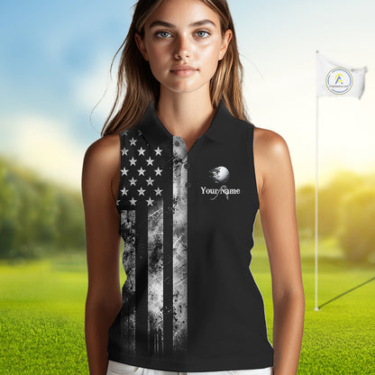 Black Vintage US Flag Golf Jersey For Women Custom Name Golf Sleeveless Polo Shirt Patriotic Golf Apparel NYN4927
