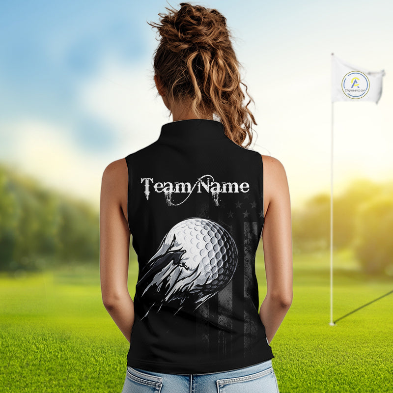 Black Vintage US Flag Golf Jersey For Women Custom Name Golf Sleeveless Polo Shirt Patriotic Golf Apparel NYN4927