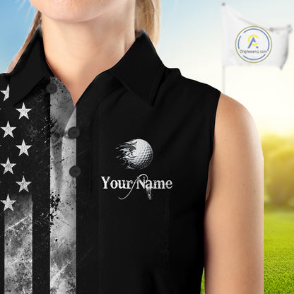 Black Vintage US Flag Golf Jersey For Women Custom Name Golf Sleeveless Polo Shirt Patriotic Golf Apparel NYN4927
