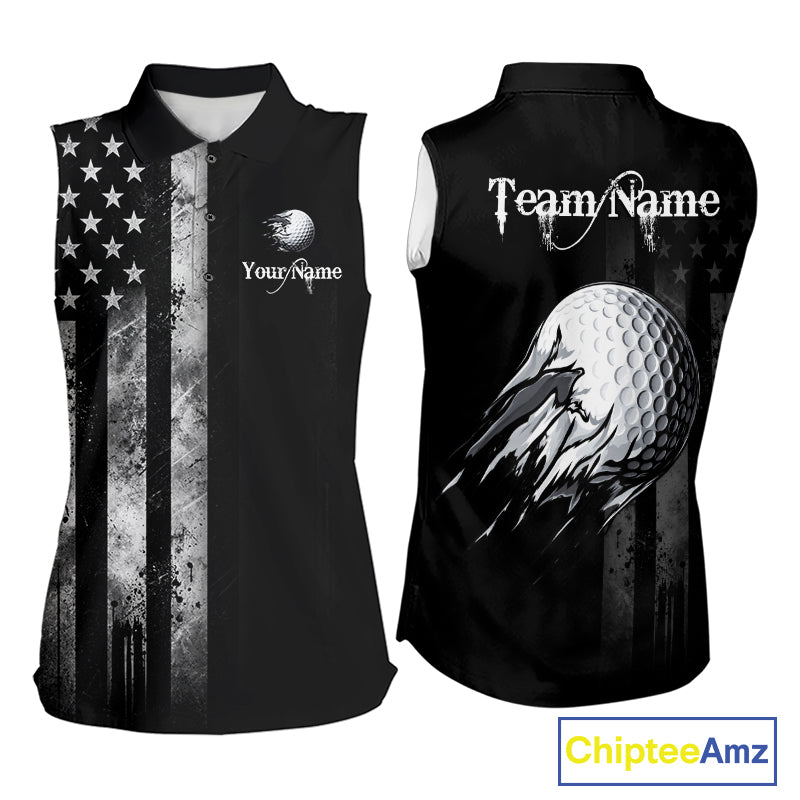 Black Vintage US Flag Golf Jersey For Women Custom Name Golf Sleeveless Polo Shirt Patriotic Golf Apparel NYN4927