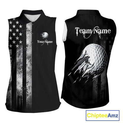 Black Vintage US Flag Golf Jersey For Women Custom Name Golf Sleeveless Polo Shirt Patriotic Golf Apparel NYN4927