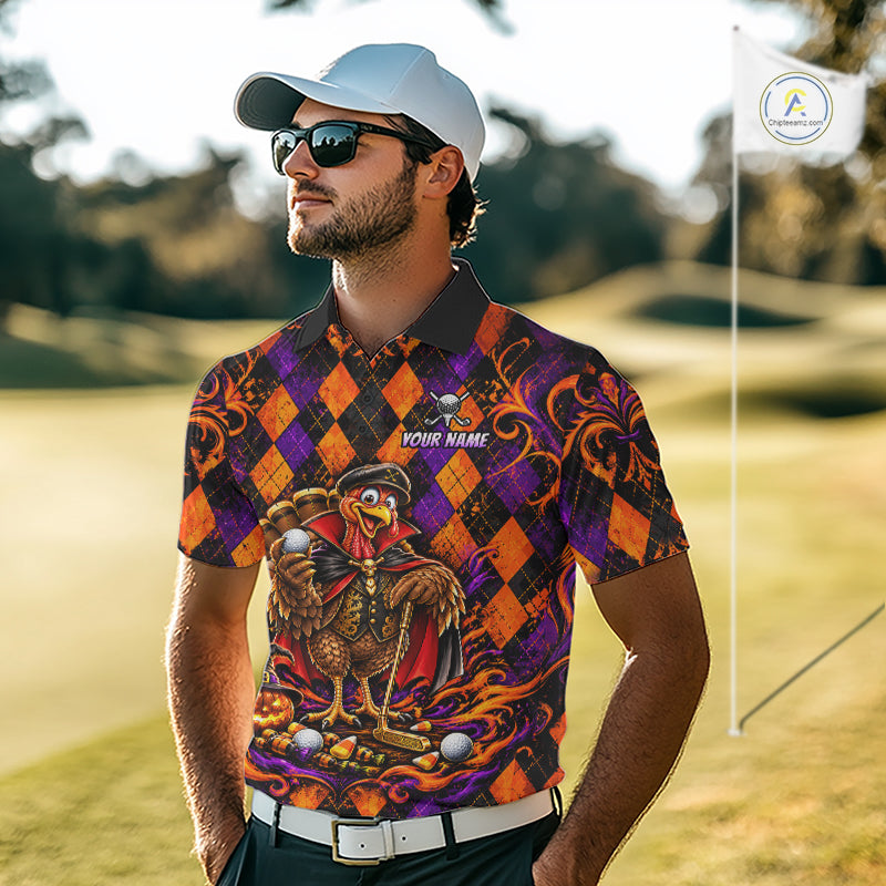 Custom Orange Purple Argyle Turkey Golf Polo Shirt For Men Funny Thanksgiving Golf Team Jersey NYN4934