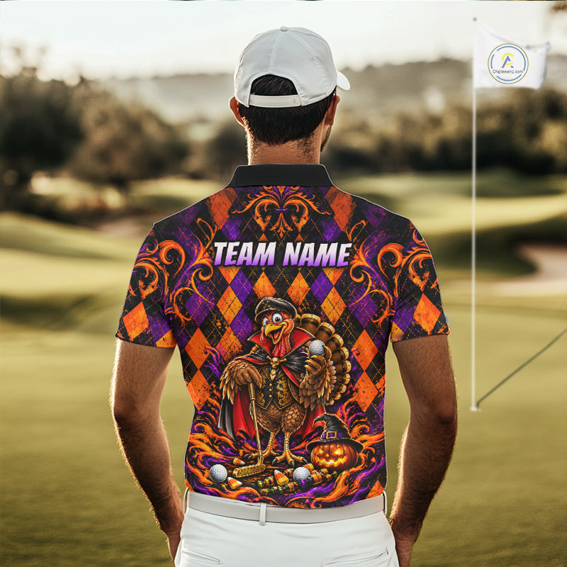 Custom Orange Purple Argyle Turkey Golf Polo Shirt For Men Funny Thanksgiving Golf Team Jersey NYN4934