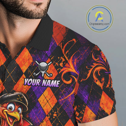 Custom Orange Purple Argyle Turkey Golf Polo Shirt For Men Funny Thanksgiving Golf Team Jersey NYN4934