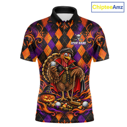 Custom Orange Purple Argyle Turkey Golf Polo Shirt For Men Funny Thanksgiving Golf Team Jersey NYN4934