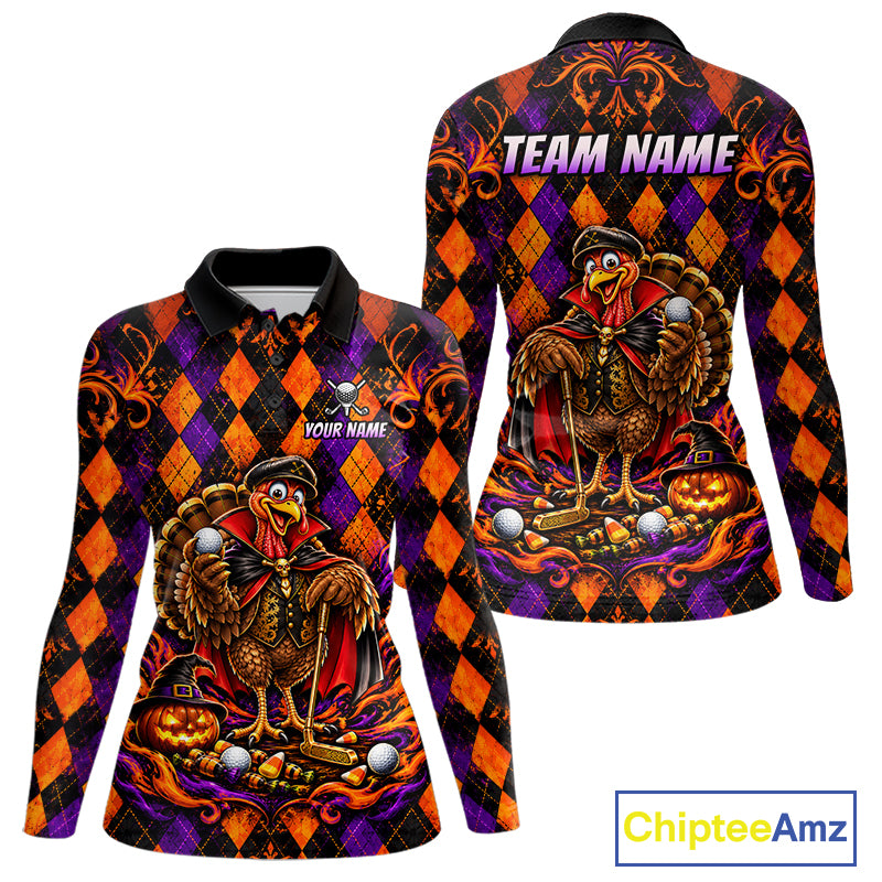 Custom Orange Purple Argyle Turkey Golf Polo Shirt For Women Funny Thanksgiving Golf Team Jersey NYN4934