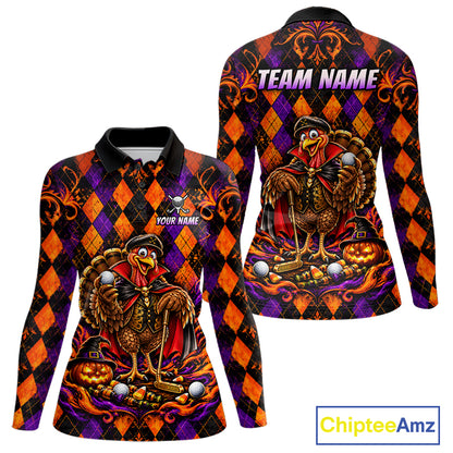 Custom Orange Purple Argyle Turkey Golf Polo Shirt For Women Funny Thanksgiving Golf Team Jersey NYN4934