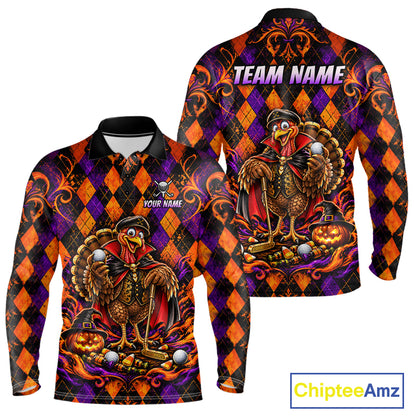Custom Orange Purple Argyle Turkey Golf Polo Shirt For Men Funny Thanksgiving Golf Team Jersey NYN4934