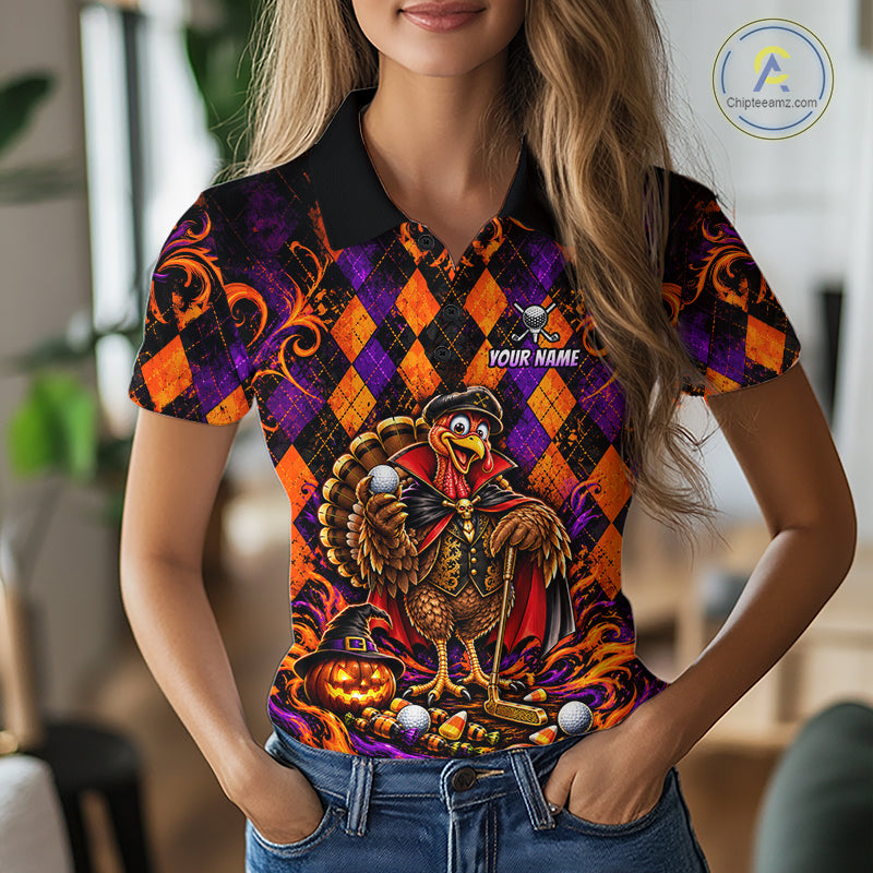 Custom Orange Purple Argyle Turkey Golf Polo Shirt For Women Funny Thanksgiving Golf Team Jersey NYN4934