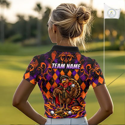 Custom Orange Purple Argyle Turkey Golf Polo Shirt For Women Funny Thanksgiving Golf Team Jersey NYN4934